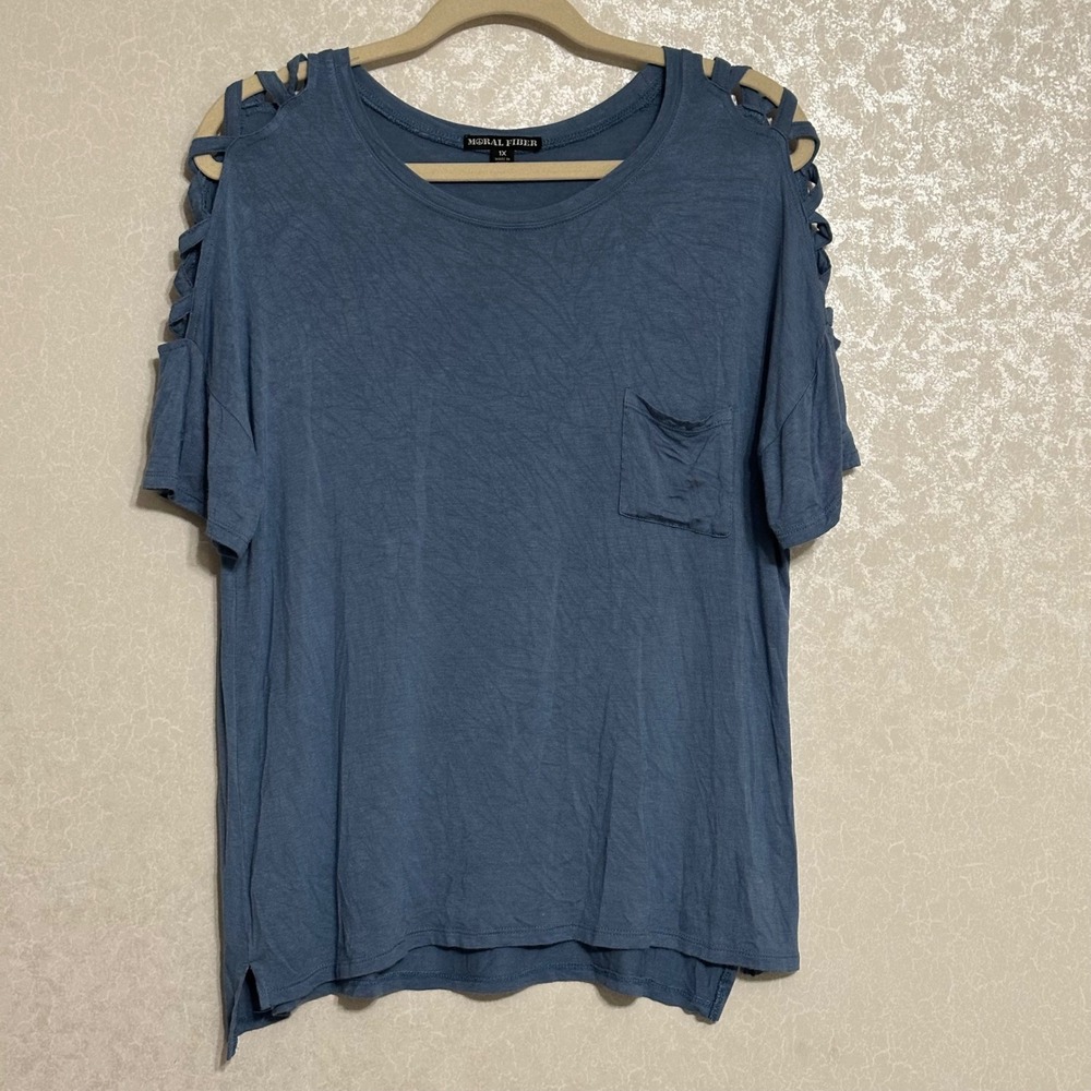 Moral Fiber‎ Solid Blue Strappy Cut Out Cold Shoulder T-Shirt Pocket Stretch 1X